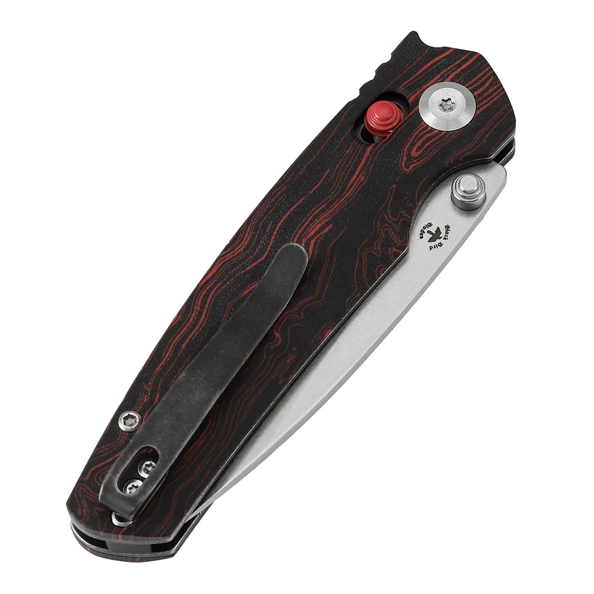Tenable Raven Cross Bar Lock Folding Knife | 3.14" Stonewashed 14C28N Blade | Red and Black G-mascus Handle | Black Bird Blades Design -T2109V3 - Image 7