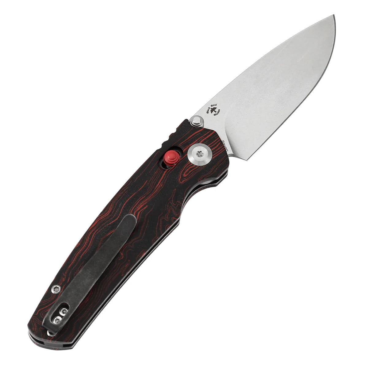 Tenable Raven Cross Bar Lock Folding Knife | 3.14" Stonewashed 14C28N Blade | Red and Black G-mascus Handle | Black Bird Blades Design -T2109V3 - Image 8