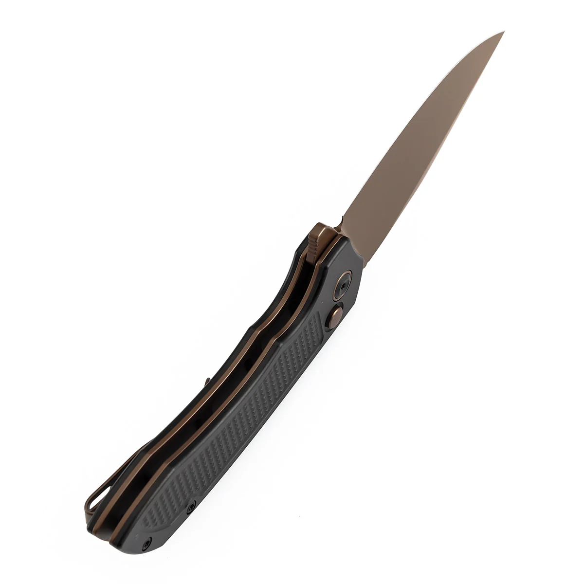 Entity Button Lock Folding Knife - 3.52'' Rose Gold 14C28N Blade| Black Aluminum Handle| Nalu Knives - B1036F1 - Image 4