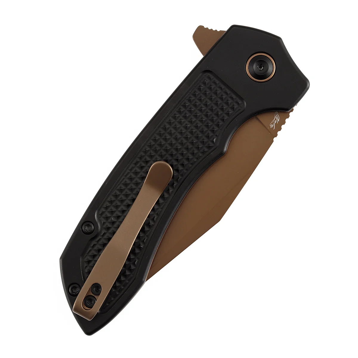 Entity Button Lock Folding Knife - 3.52'' Rose Gold 14C28N Blade| Black Aluminum Handle| Nalu Knives - B1036F1 - Image 7