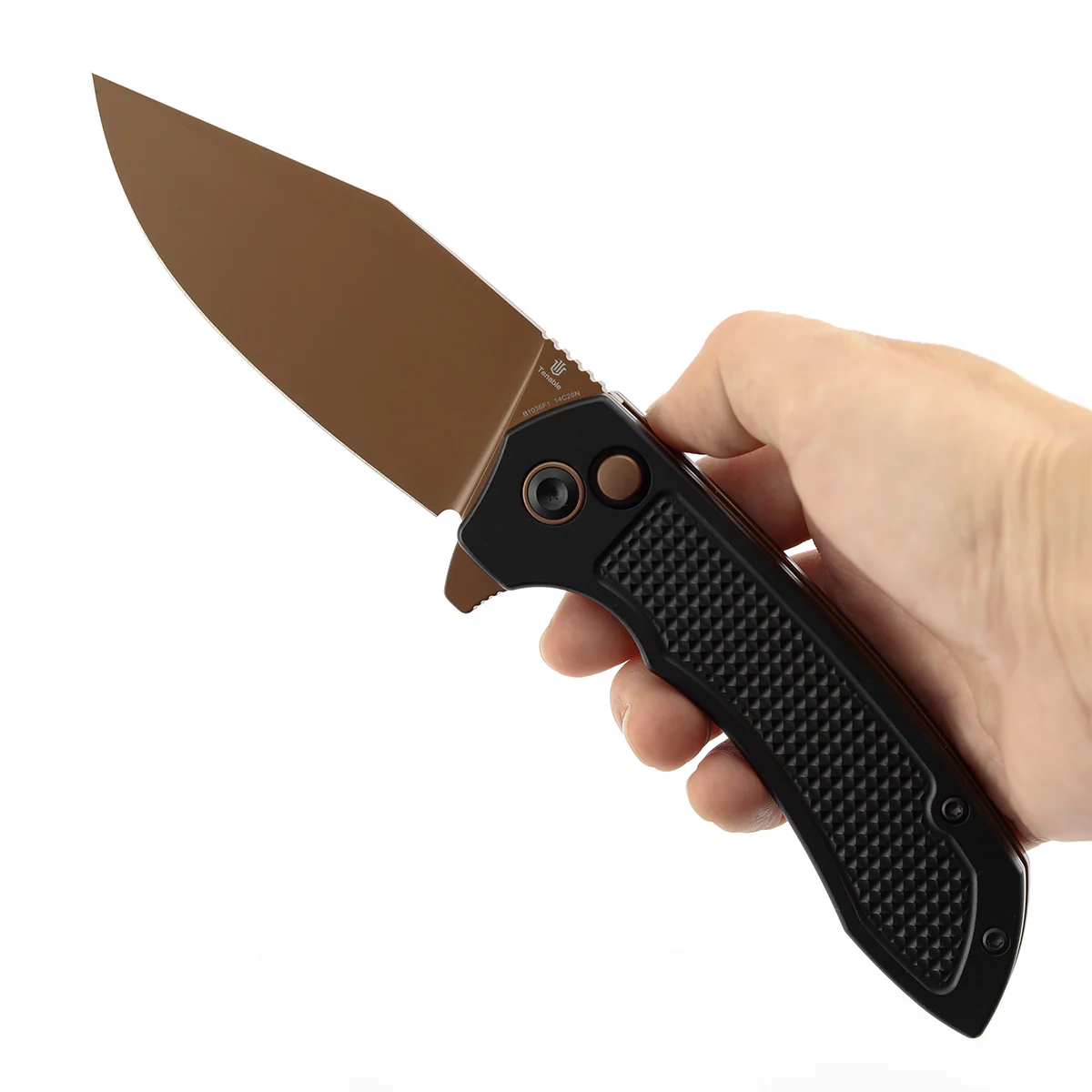 Entity Button Lock Folding Knife - 3.52'' Rose Gold 14C28N Blade| Black Aluminum Handle| Nalu Knives - B1036F1 - Image 9