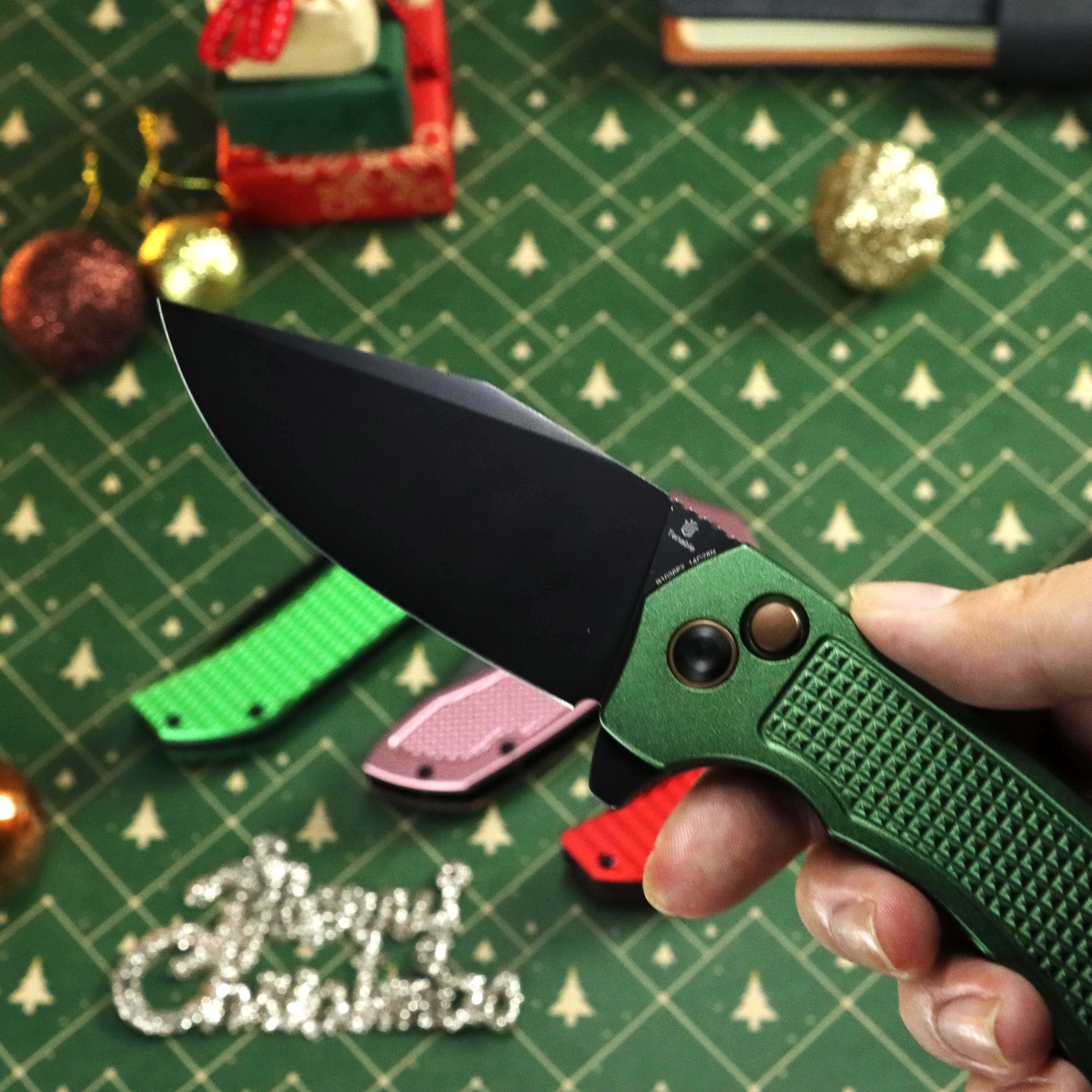 Entity Button Lock Folding Knife - 3.52'' Blackwash 14C28N Blade | Dark Green Aluminum Handle| Nalu Knives - B1036F2 - Image 11