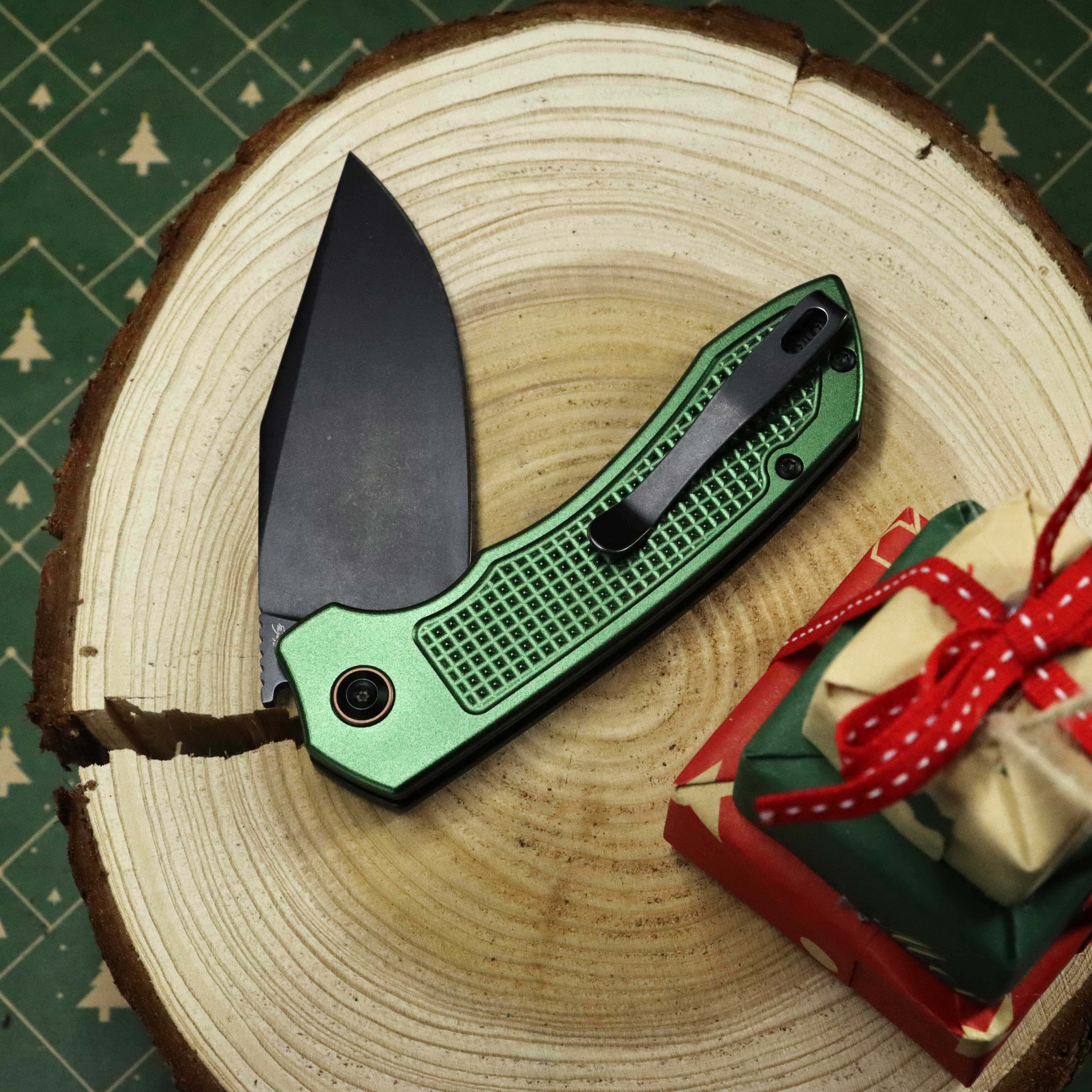 Entity Button Lock Folding Knife - 3.52'' Blackwash 14C28N Blade | Dark Green Aluminum Handle| Nalu Knives - B1036F2 - Image 12