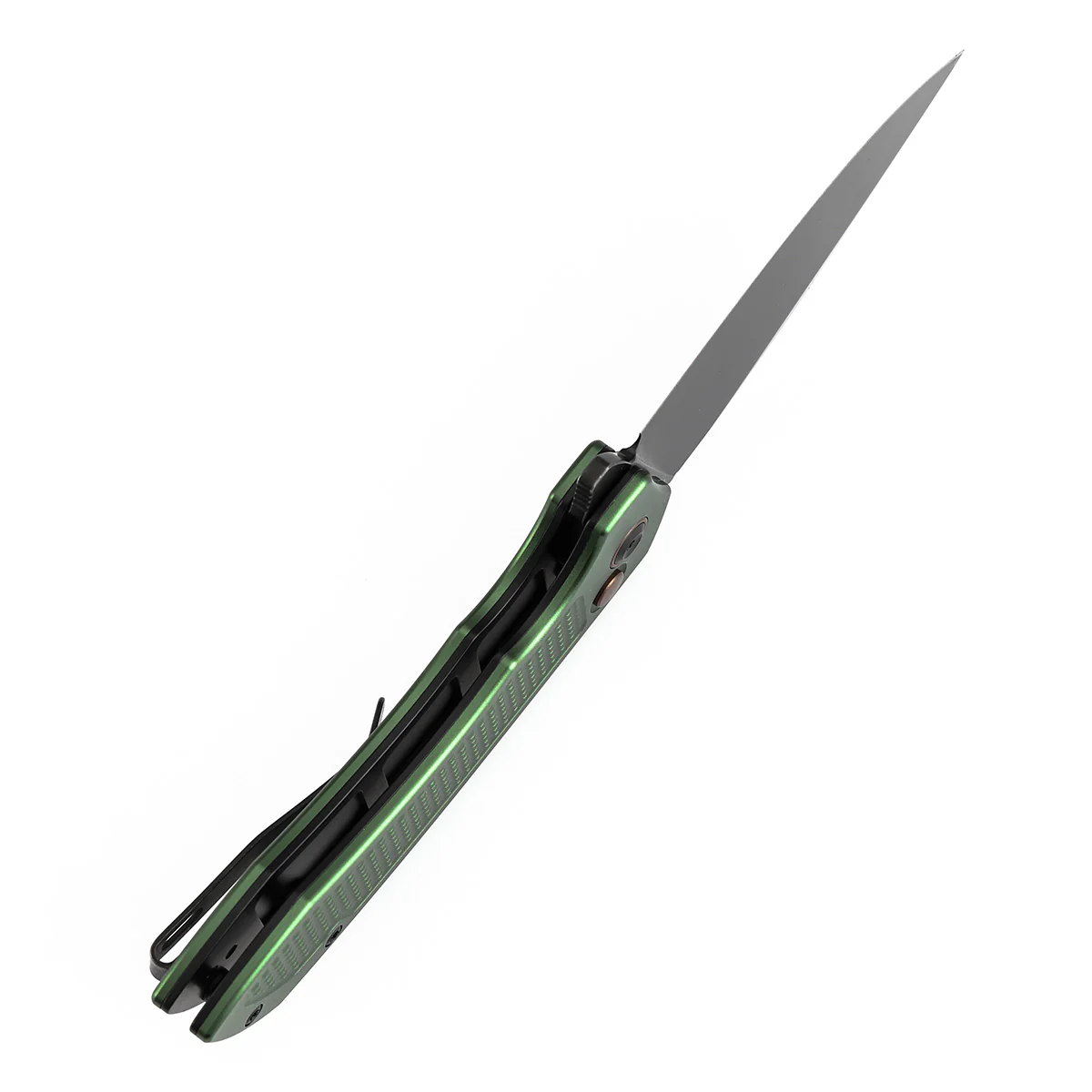 Entity Button Lock Folding Knife - 3.52'' Blackwash 14C28N Blade | Dark Green Aluminum Handle| Nalu Knives - B1036F2 - Image 4