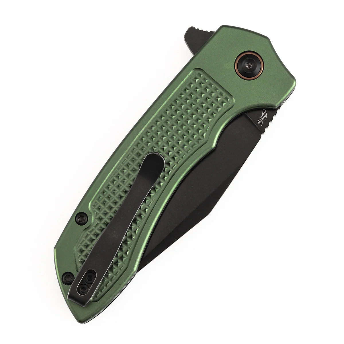 Entity Button Lock Folding Knife - 3.52'' Blackwash 14C28N Blade | Dark Green Aluminum Handle| Nalu Knives - B1036F2 - Image 7