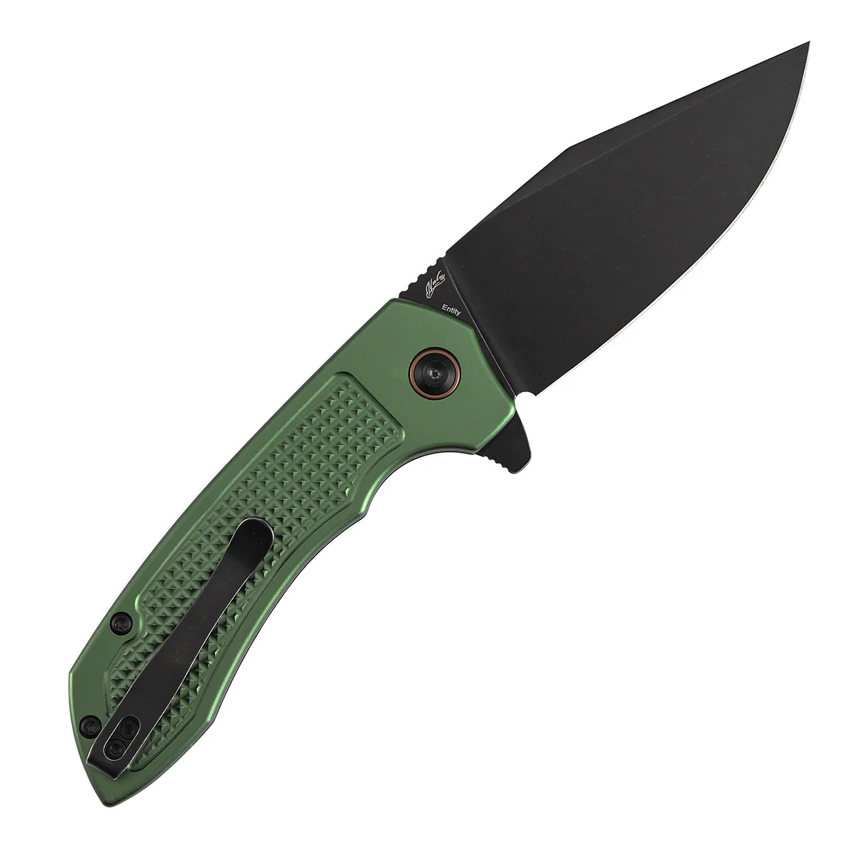 Entity Button Lock Folding Knife - 3.52'' Blackwash 14C28N Blade | Dark Green Aluminum Handle| Nalu Knives - B1036F2 - Image 8