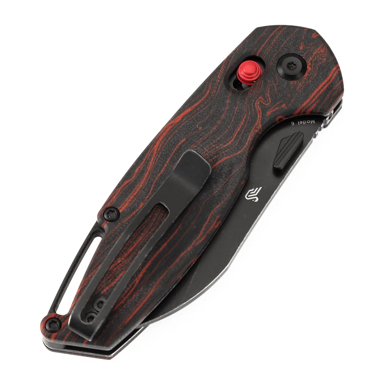 Tenable Model 6 Cross Bar Lock | Red & Black G-mascus Handle | 3.1" Blackwash 14C28N Blade | Nick Swan Design--T1022V7 - Image 7