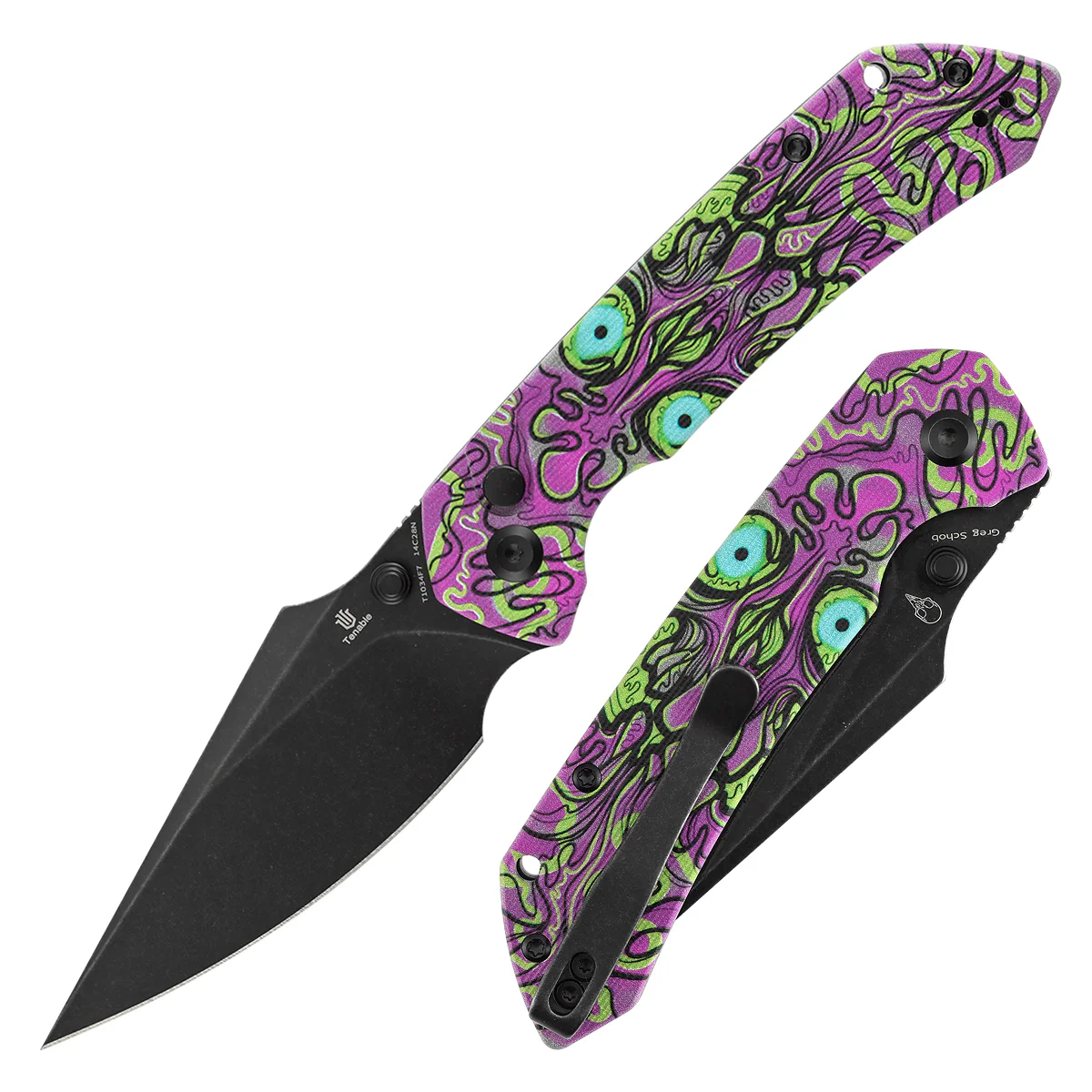 Tenable Fenrir Button Lock Knife | Jade G10 with Purple Undead Print Handle | 3.45" Blackwash 14C28N Blade| Sparrow Knife Design | T1034F7
