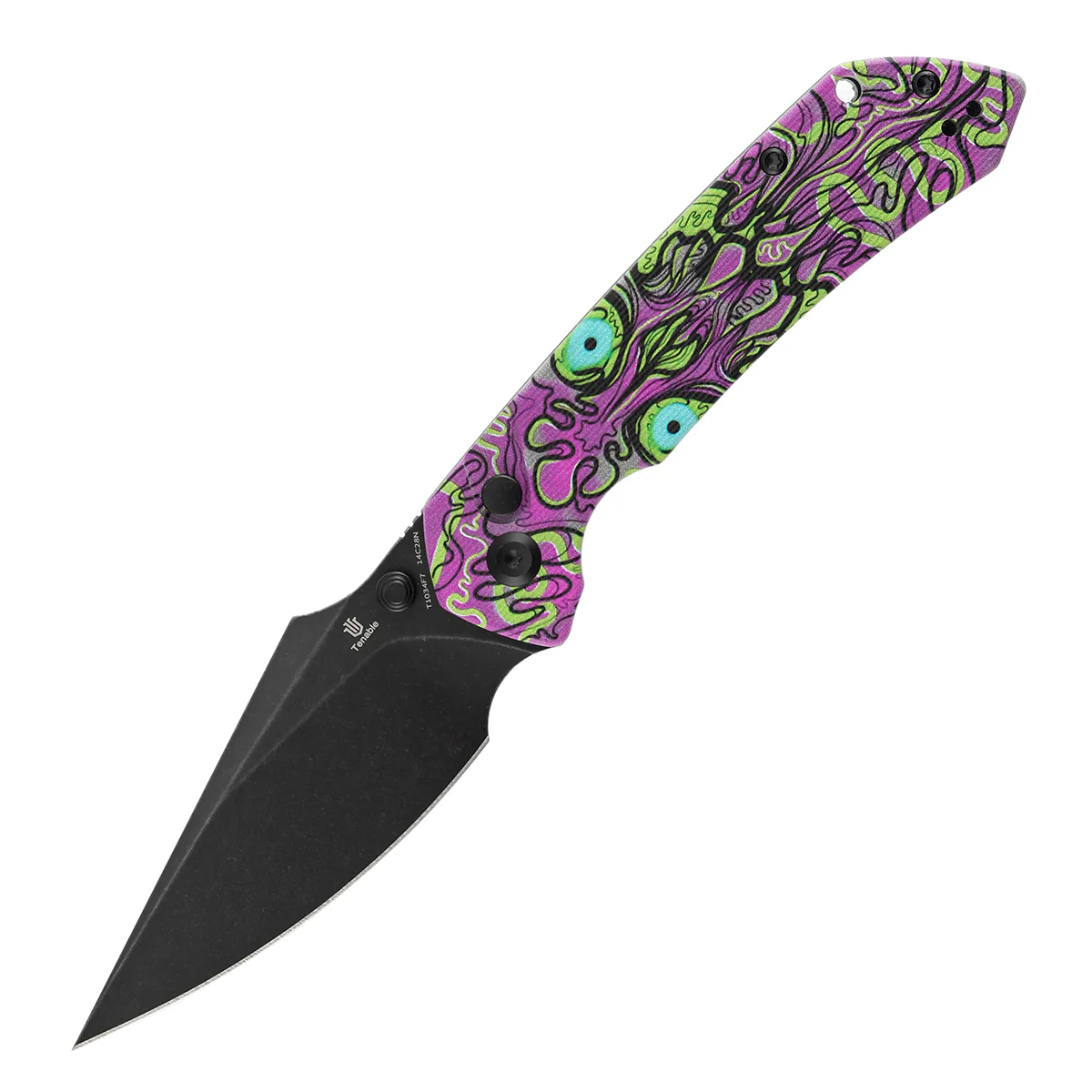Tenable Fenrir Button Lock Knife | Jade G10 with Purple Undead Print Handle | 3.45" Blackwash 14C28N Blade| Sparrow Knife Design | T1034F7 - Image 2