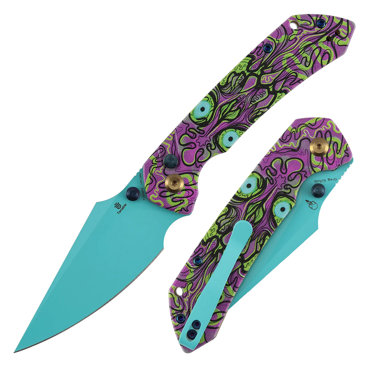 Tenable Fenrir Button Lock Knife | Jade G10 with Purple Undead Print Handle | 3.45" Blue Coated 14C28N Blade| Sparrow Knife Design | T1034F9