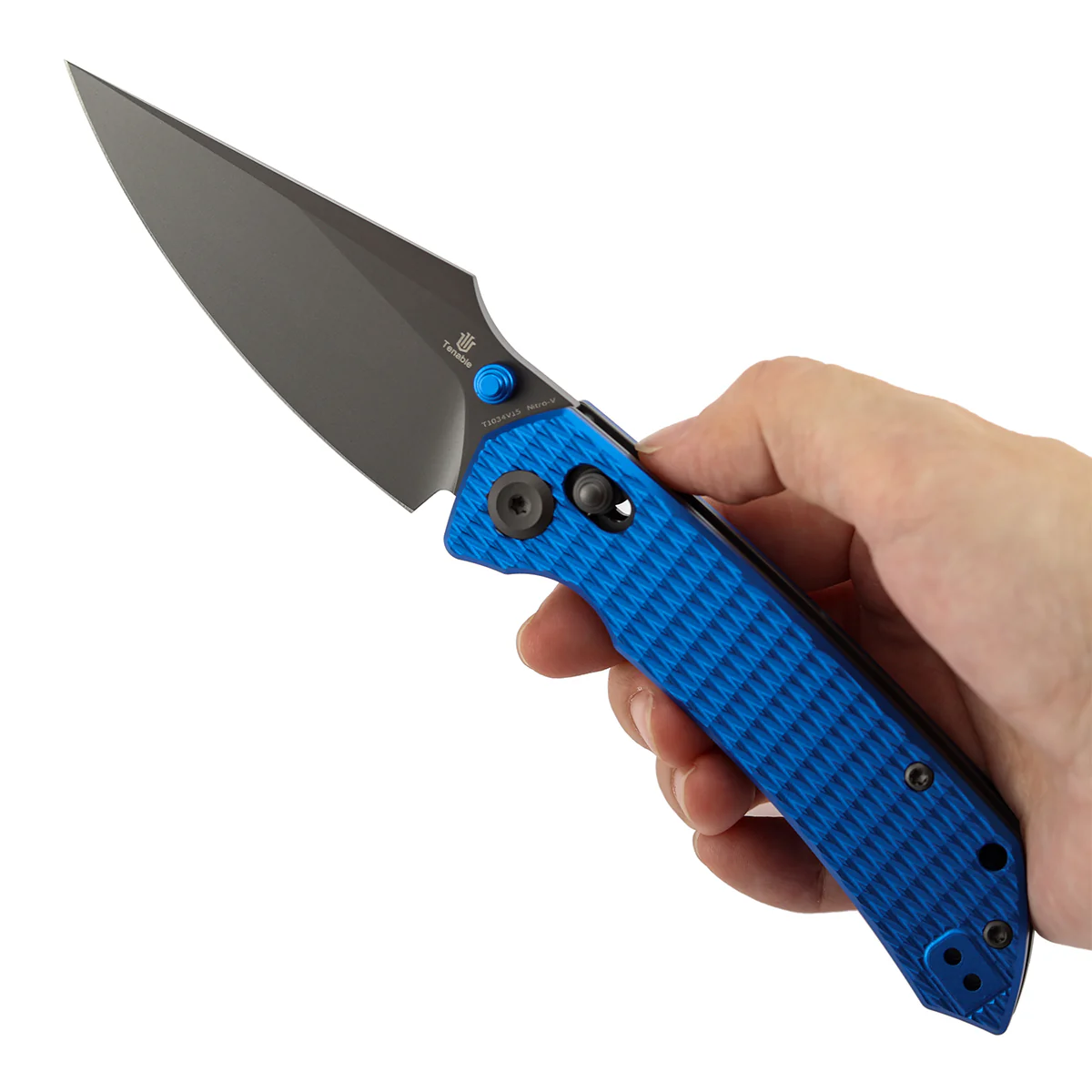 Tenable Fenrir Cross Bar Lock Folding Knife| 3.48'' Gray TiCn Coated Nitro V Blade | Blue Anodized Aluminum with Diamond Pattern Handle | Sparrow Knife Design| T1034V15 - Image 10