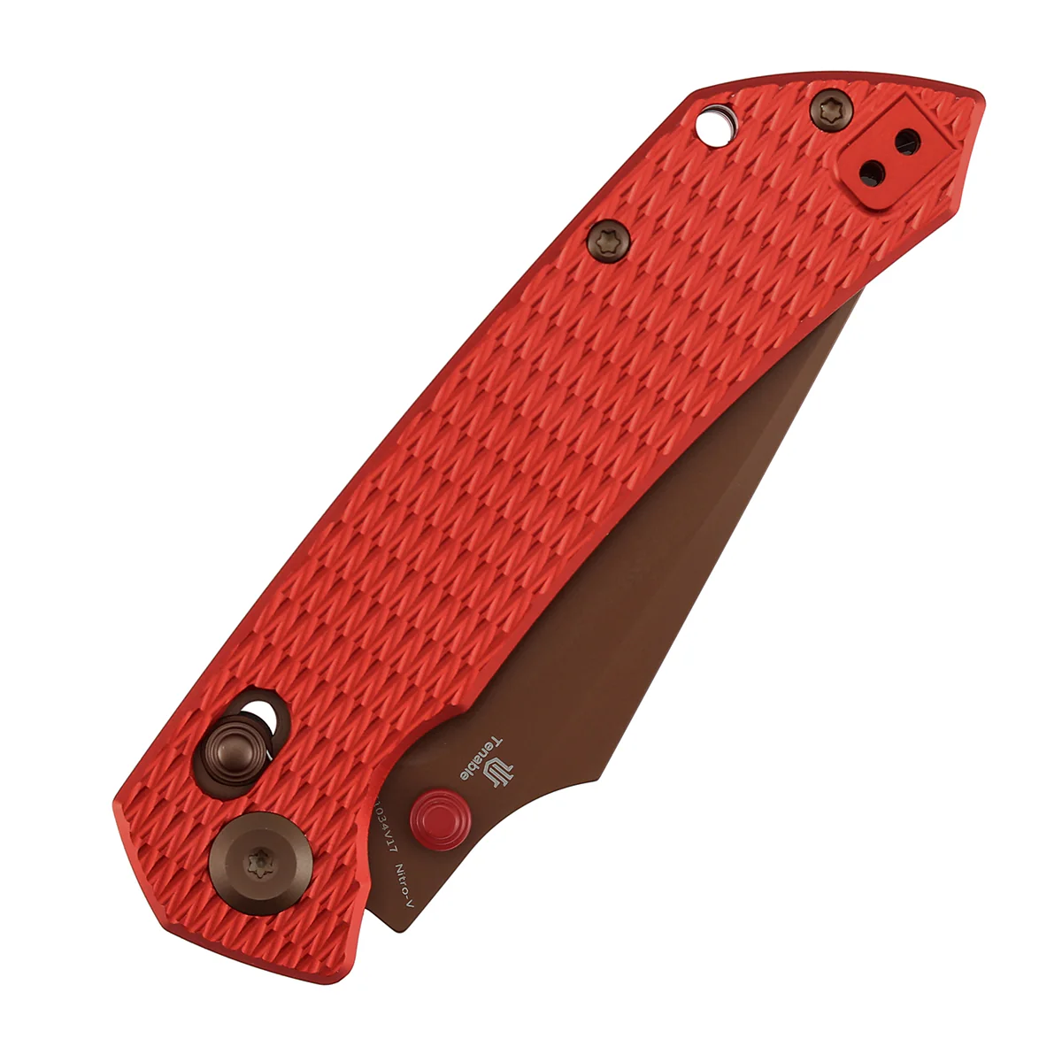 Tenable Fenrir Cross Bar Lock Folding Knife| 3.48'' Rose Gold Nitro V Blade | Red Anodized Aluminum with Diamond Pattern Handle | Sparrow Knife Design| T1034V17 - Image 9