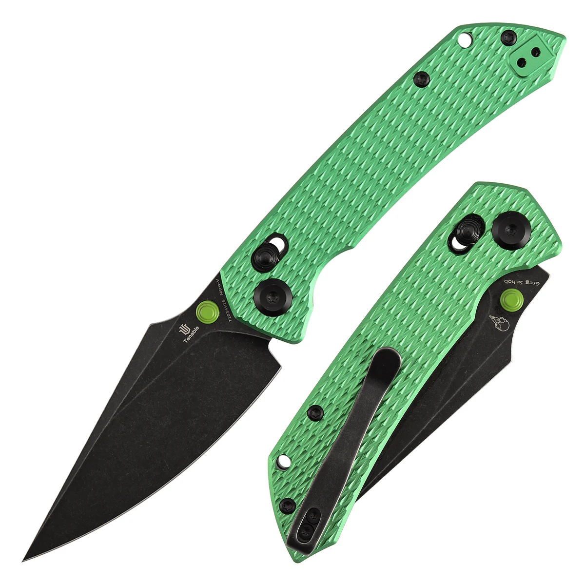 Fenrir Cross Bar Lock Folding Knife| 3.48'' Blackwash Nitro-V Blade | Green Anodized Aluminum with Diamond Patter Handle | Sparrow Knife Design| T1034V16