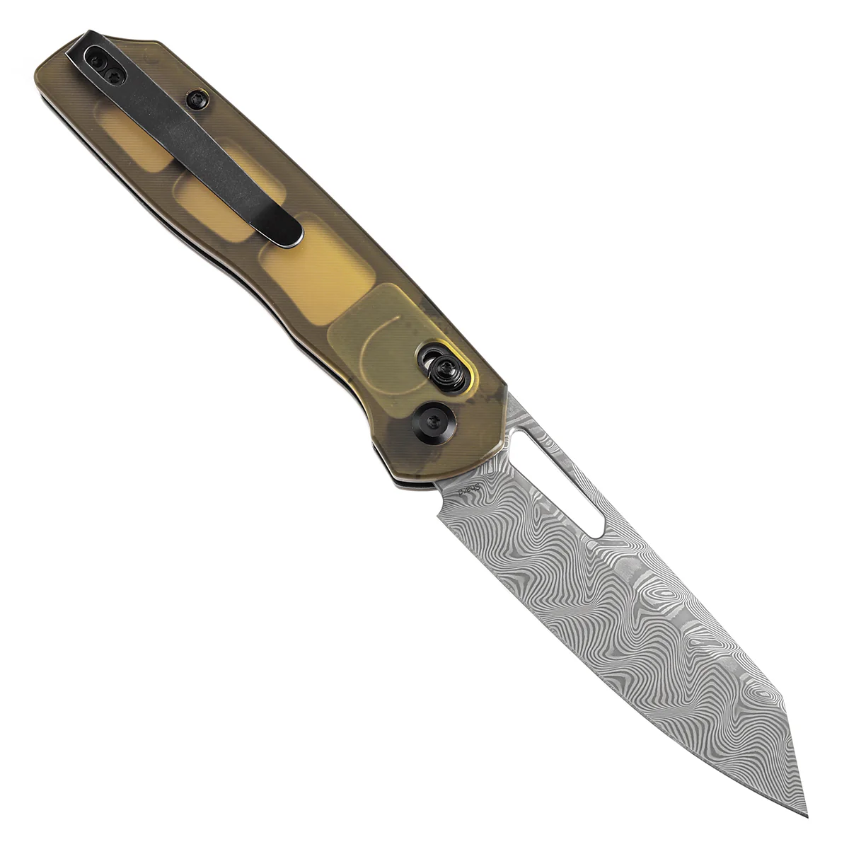 Tenable Shard | Cross Bar Lock Folding Knife | 3.47'' Damascus Blade | Amber PEI Handle | Kim Ning Design | T1006V7 - Image 3