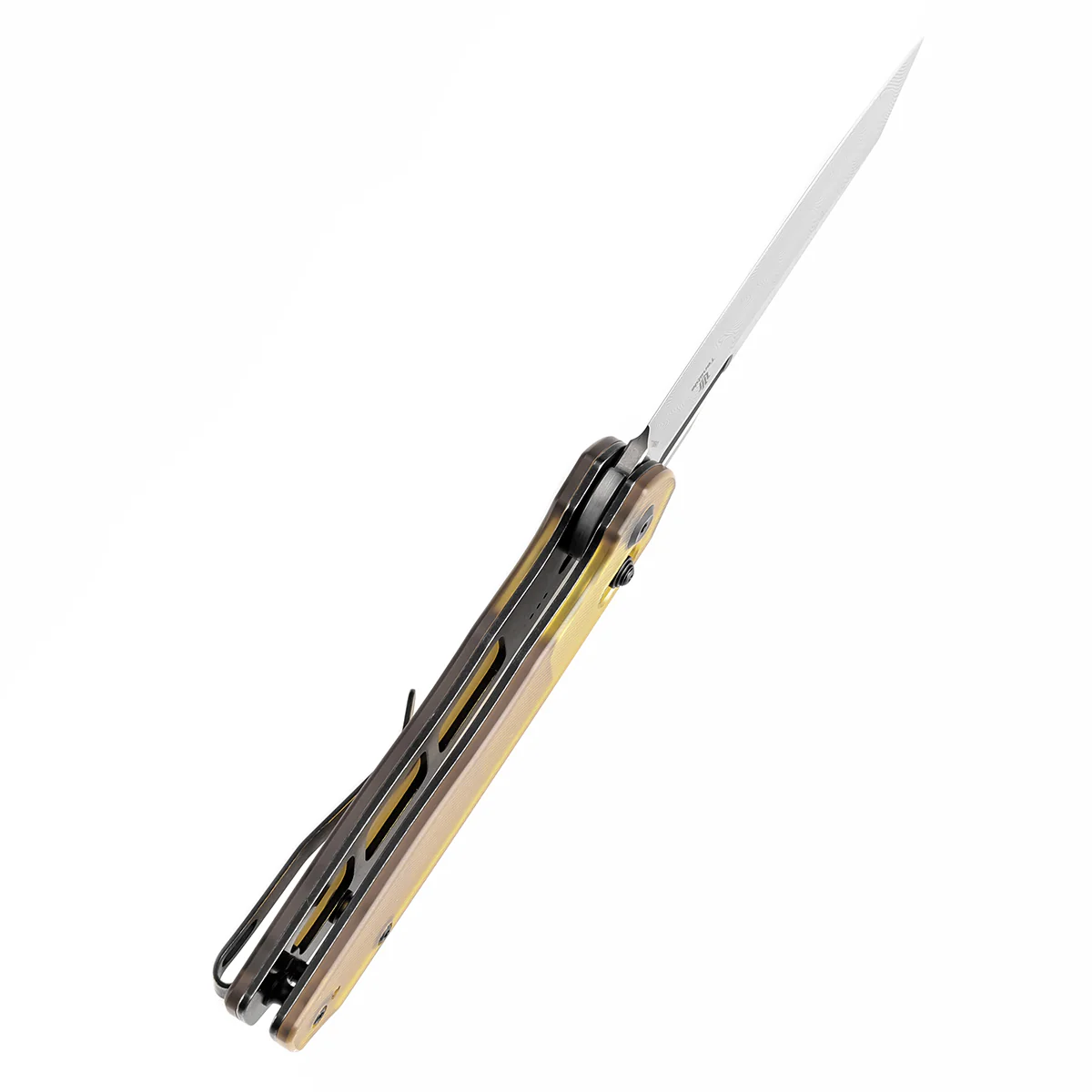 Tenable Shard | Cross Bar Lock Folding Knife | 3.47'' Damascus Blade | Amber PEI Handle | Kim Ning Design | T1006V7 - Image 4