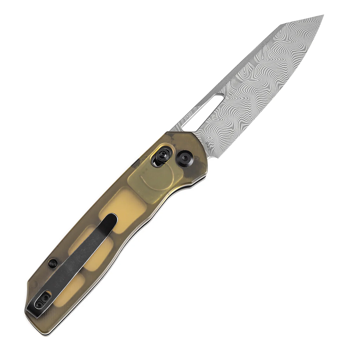 Tenable Shard | Cross Bar Lock Folding Knife | 3.47'' Damascus Blade | Amber PEI Handle | Kim Ning Design | T1006V7 - Image 8