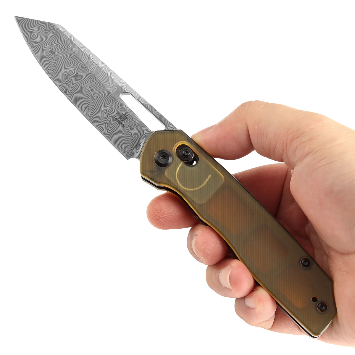 Tenable Shard | Cross Bar Lock Folding Knife | 3.47'' Damascus Blade | Amber PEI Handle | Kim Ning Design | T1006V7 - Image 9
