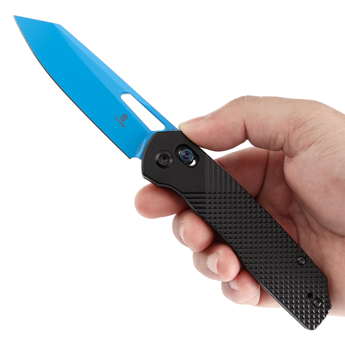 Tenable Shard |Cross Bar Lock Folding Knife | 3.47'' Blue Coated 14C28N Blade | Black Aluminum Handle | Kim Ning Design | T1006V2 - Image 9