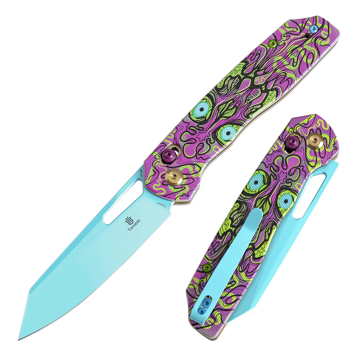 Tenable Shard | Cross Bar Lock Folding Knife | 3.47'' Blue Coated 14C28N Blade | Jade G10 with Purple Undead Print Handle | Kim Ning Design | T1006V9