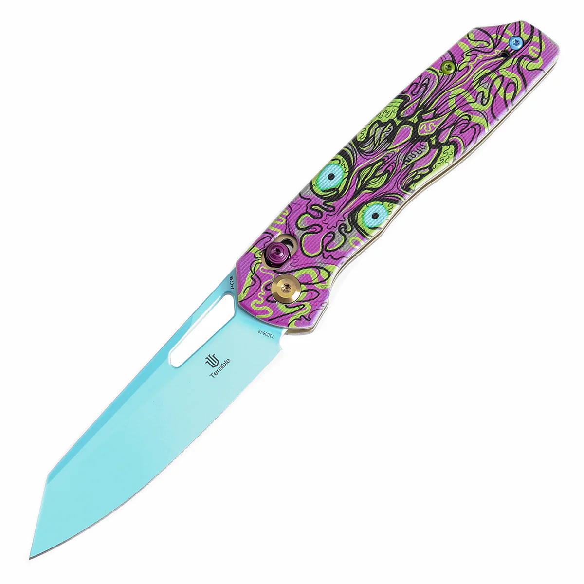 Tenable Shard | Cross Bar Lock Folding Knife | 3.47'' Blue Coated 14C28N Blade | Jade G10 with Purple Undead Print Handle | Kim Ning Design | T1006V9 - Image 2