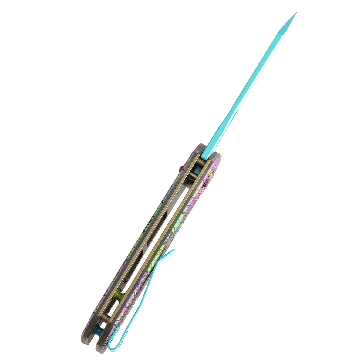 Tenable Shard | Cross Bar Lock Folding Knife | 3.47'' Blue Coated 14C28N Blade | Jade G10 with Purple Undead Print Handle | Kim Ning Design | T1006V9 - Image 4