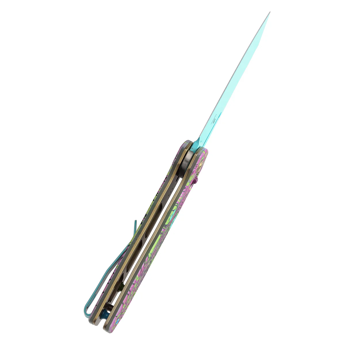 Tenable Shard | Cross Bar Lock Folding Knife | 3.47'' Blue Coated 14C28N Blade | Jade G10 with Purple Undead Print Handle | Kim Ning Design | T1006V9 - Image 5