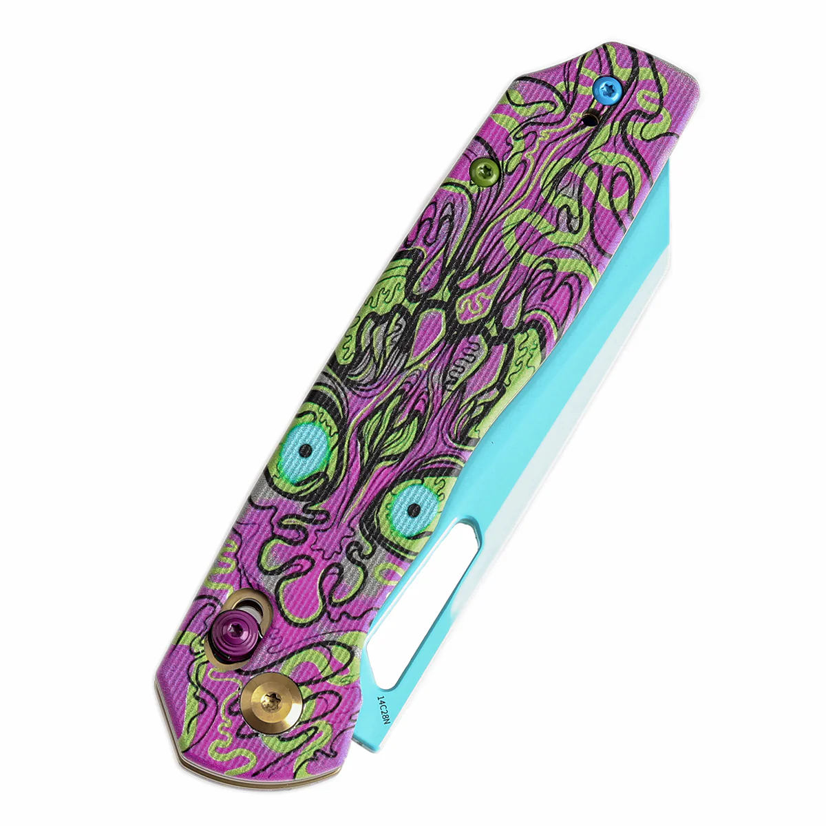 Tenable Shard | Cross Bar Lock Folding Knife | 3.47'' Blue Coated 14C28N Blade | Jade G10 with Purple Undead Print Handle | Kim Ning Design | T1006V9 - Image 6