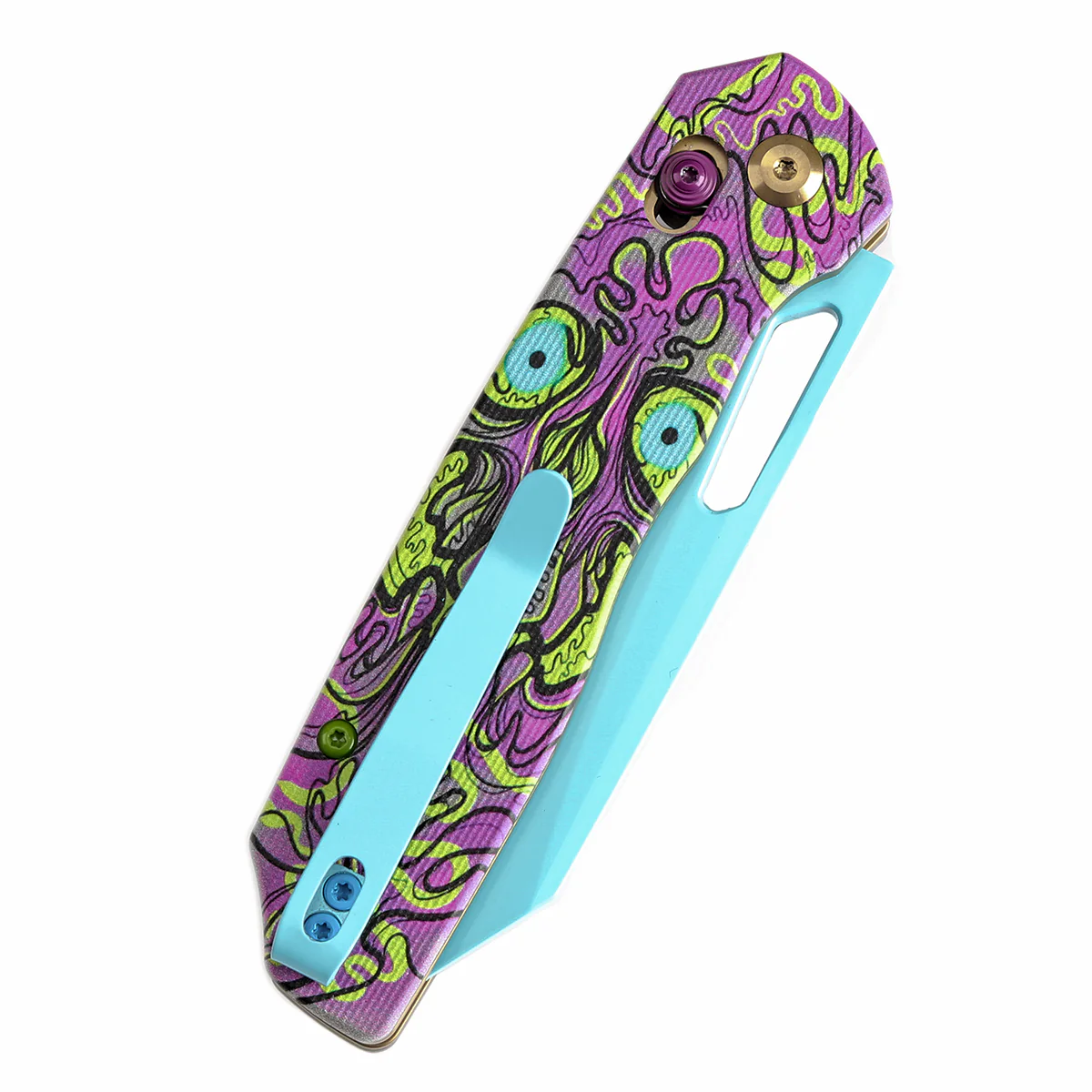 Tenable Shard | Cross Bar Lock Folding Knife | 3.47'' Blue Coated 14C28N Blade | Jade G10 with Purple Undead Print Handle | Kim Ning Design | T1006V9 - Image 7