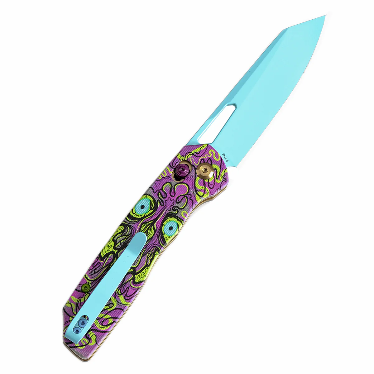 Tenable Shard | Cross Bar Lock Folding Knife | 3.47'' Blue Coated 14C28N Blade | Jade G10 with Purple Undead Print Handle | Kim Ning Design | T1006V9 - Image 8