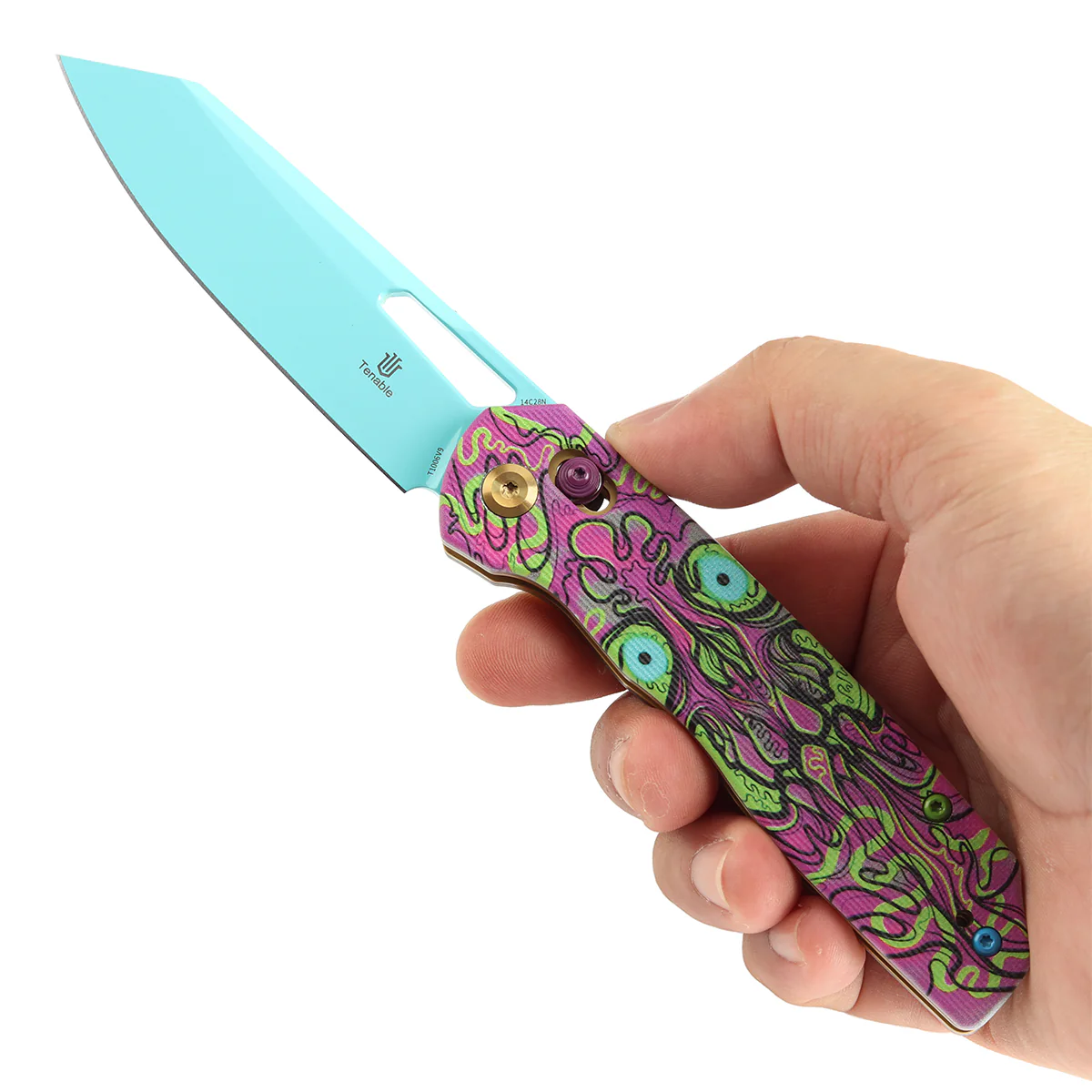 Tenable Shard | Cross Bar Lock Folding Knife | 3.47'' Blue Coated 14C28N Blade | Jade G10 with Purple Undead Print Handle | Kim Ning Design | T1006V9 - Image 9