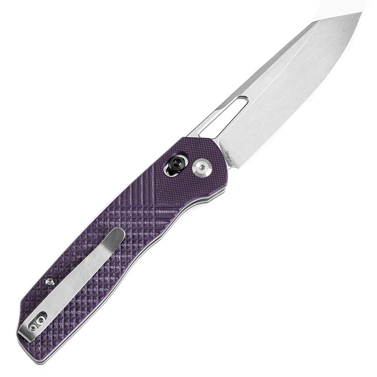 Tenable Shard | Cross Bar Lock Folding Knife | 3.47'' Stonewashed 14C28N Blade | Purple G10 Handle | Kim Ning Design | T1006V5 - Image 8