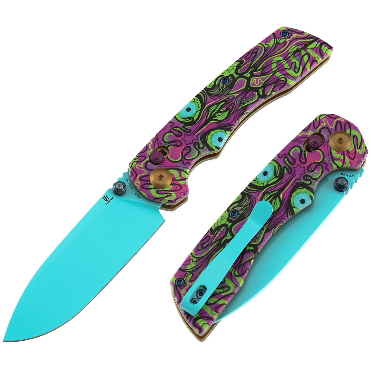 Tenable Kryo Cross Bar Lock |Jade G10 with Purple Undead Print Handle | 3.58‘’ Blue Coated 14C28N Blade| Kim Ning Design - T1001V9