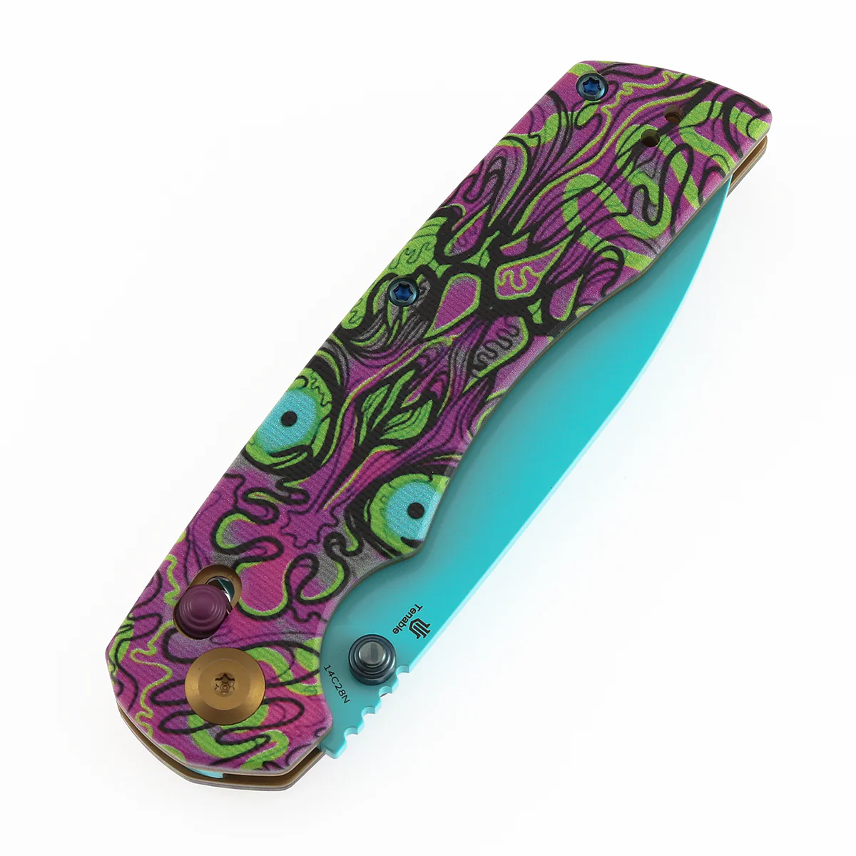 Tenable Kryo Cross Bar Lock |Jade G10 with Purple Undead Print Handle | 3.58‘’ Blue Coated 14C28N Blade| Kim Ning Design - T1001V9 - Image 6