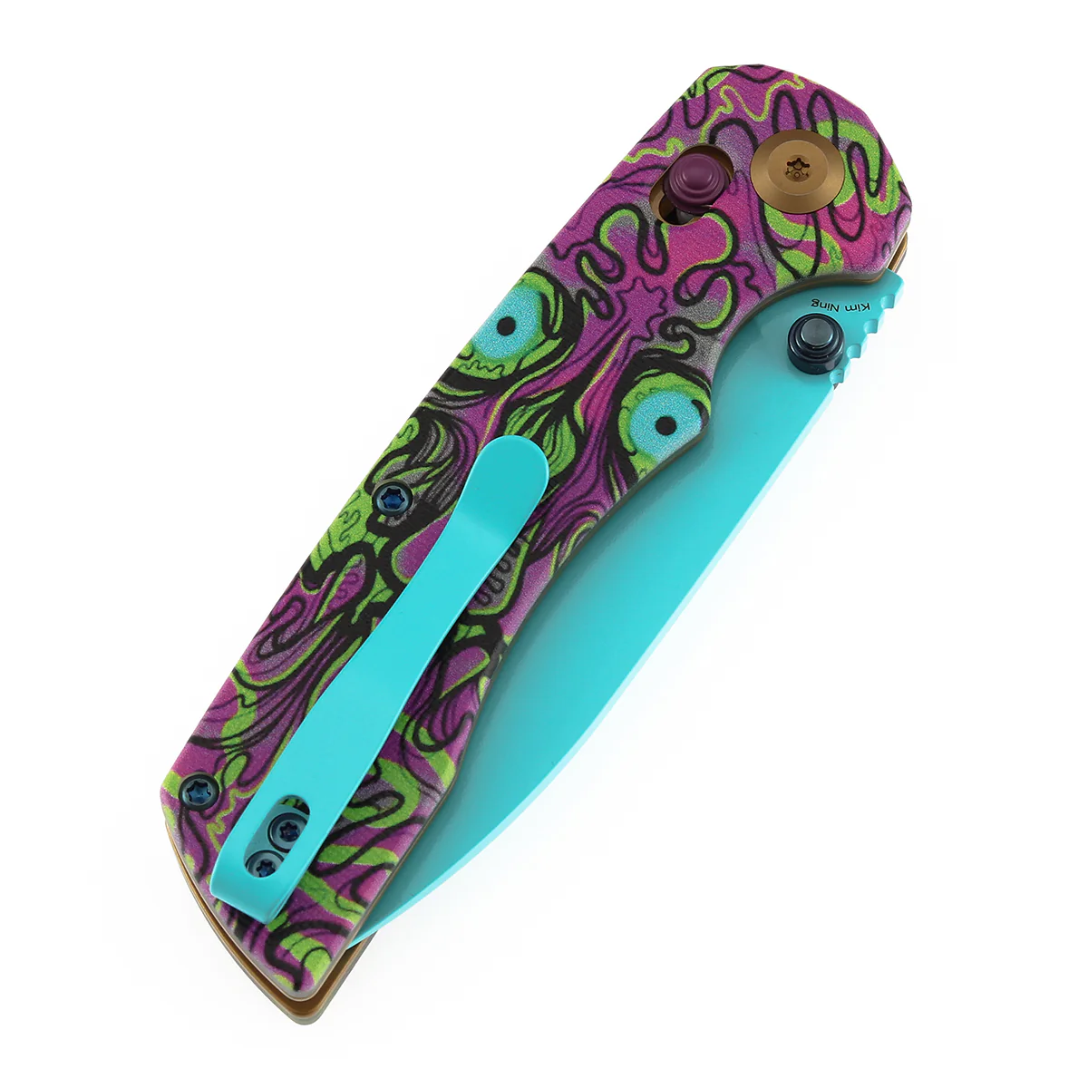 Tenable Kryo Cross Bar Lock |Jade G10 with Purple Undead Print Handle | 3.58‘’ Blue Coated 14C28N Blade| Kim Ning Design - T1001V9 - Image 7