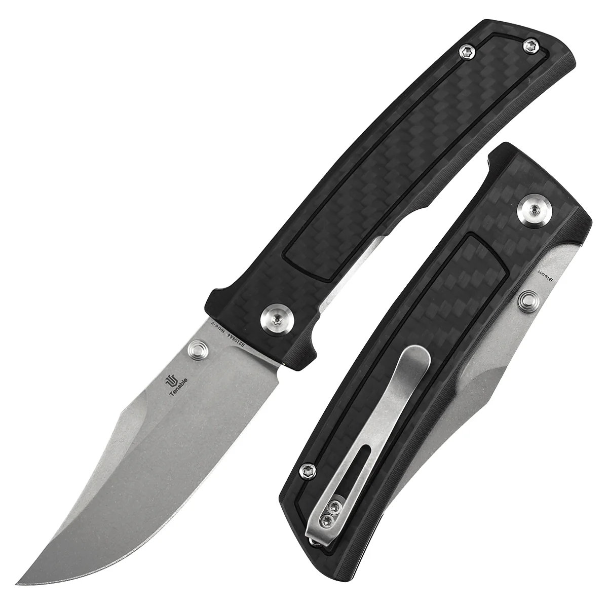 Tenable Bison Folding Knife | 3.24'' Stonewashed Nitro V Blade | Twill Carbon FIber & G10 Handle | Ray Laconico Knives Design | B2108A4