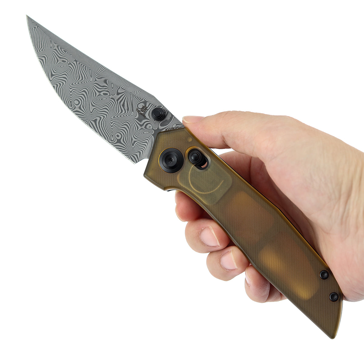Tenable Deadite Cross Bar Lock Knife | 3.52" Water Ripple Damascus Blade | Amber PEI Handle | TuffKnives Design - B1081V4 - Image 10