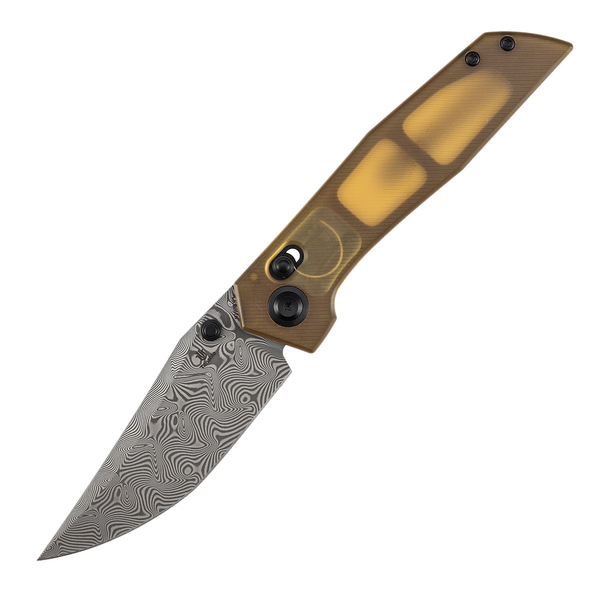 Tenable Deadite Cross Bar Lock Knife | 3.52" Water Ripple Damascus Blade | Amber PEI Handle | TuffKnives Design - B1081V4 - Image 2