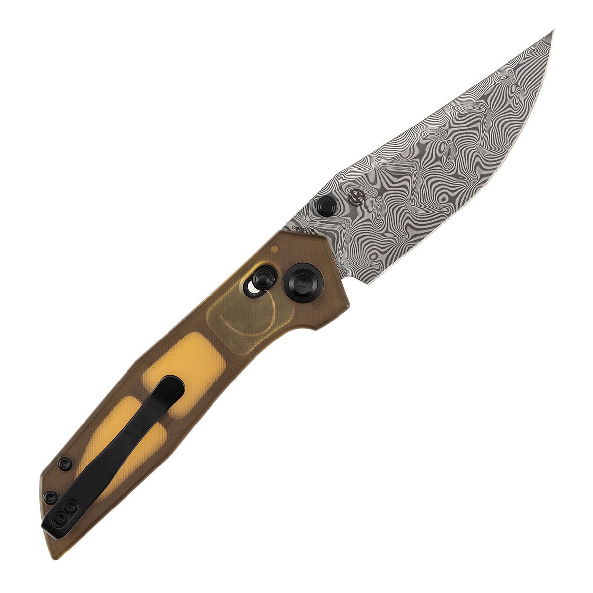Tenable Deadite Cross Bar Lock Knife | 3.52" Water Ripple Damascus Blade | Amber PEI Handle | TuffKnives Design - B1081V4 - Image 4
