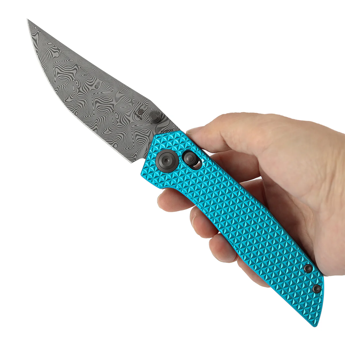 Tenable Deadite Cross Bar Lock Knife | 3.52" Water Ripple Damascus Blade | Light Blue Anodized Aluminum Handle | TuffKnives Design - B1081V1 - Image 10