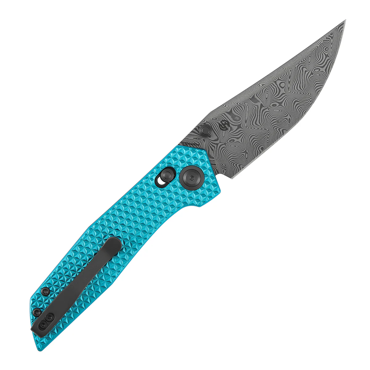 Tenable Deadite Cross Bar Lock Knife | 3.52" Water Ripple Damascus Blade | Light Blue Anodized Aluminum Handle | TuffKnives Design - B1081V1 - Image 4