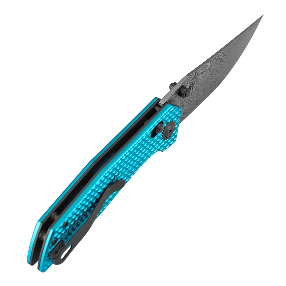 Tenable Deadite Cross Bar Lock Knife | 3.52" Water Ripple Damascus Blade | Light Blue Anodized Aluminum Handle | TuffKnives Design - B1081V1 - Image 6