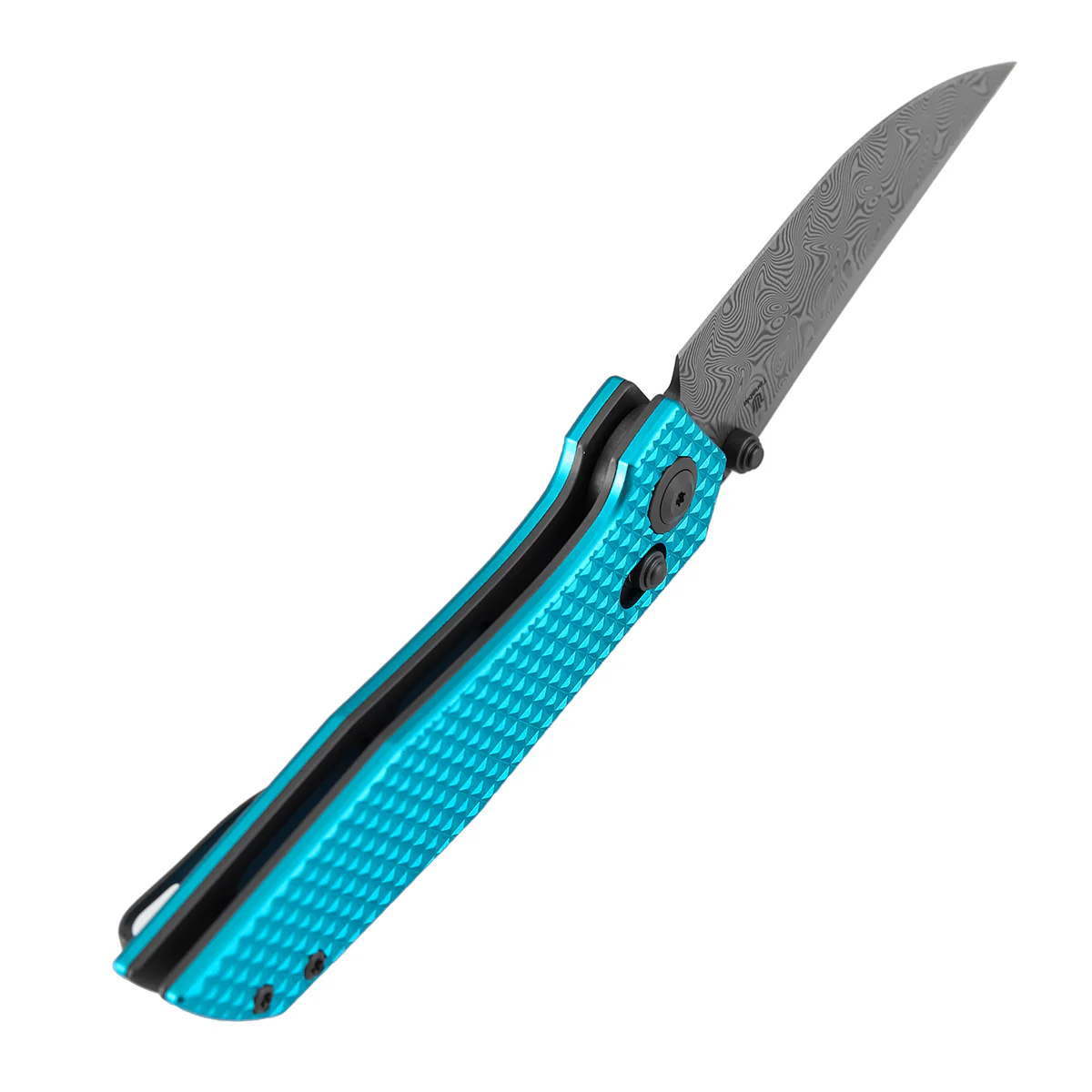 Tenable Deadite Cross Bar Lock Knife | 3.52" Water Ripple Damascus Blade | Light Blue Anodized Aluminum Handle | TuffKnives Design - B1081V1 - Image 7