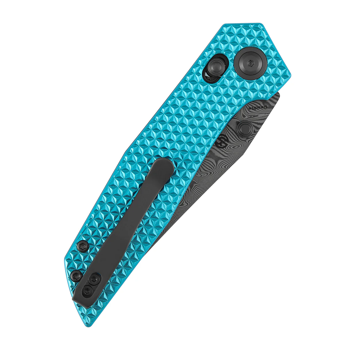 Tenable Deadite Cross Bar Lock Knife | 3.52" Water Ripple Damascus Blade | Light Blue Anodized Aluminum Handle | TuffKnives Design - B1081V1 - Image 8