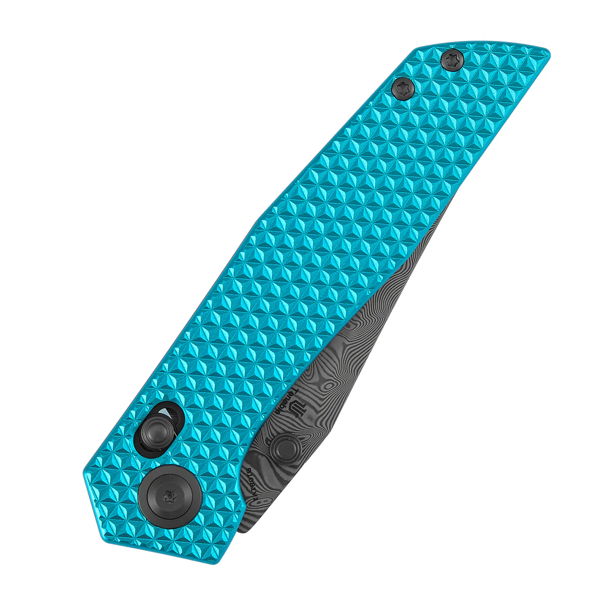 Tenable Deadite Cross Bar Lock Knife | 3.52" Water Ripple Damascus Blade | Light Blue Anodized Aluminum Handle | TuffKnives Design - B1081V1 - Image 9