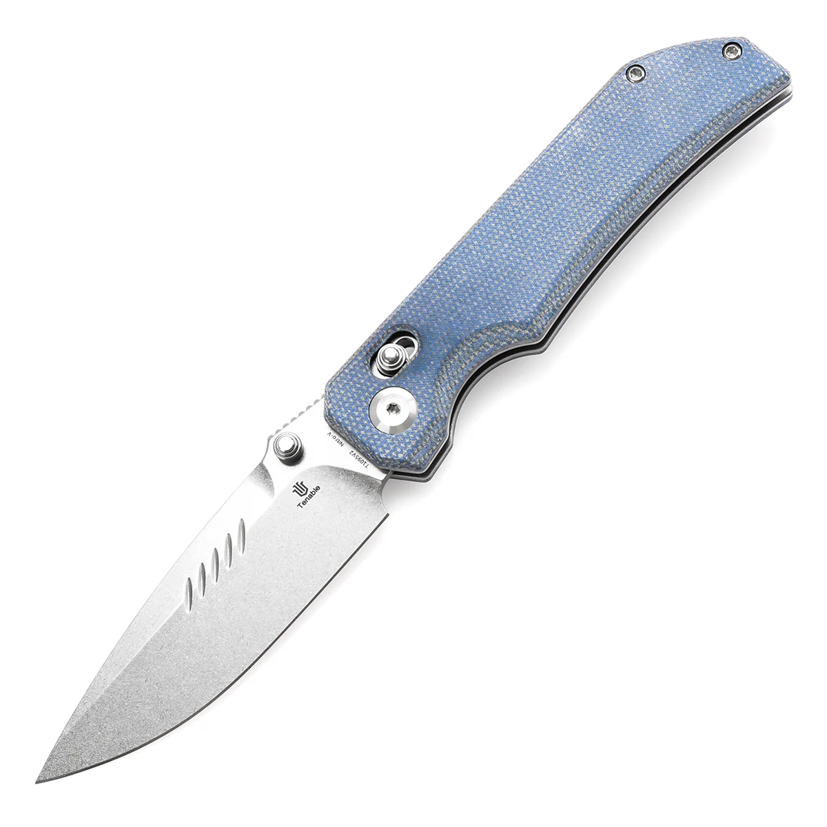 Tenable Eaglestrike Cross Bar Lock Folding Knife Blue Micarta Handle (3.73'' Stonewashed Nitro-V Blade) James Lowe Design-T1095V2 - Image 2