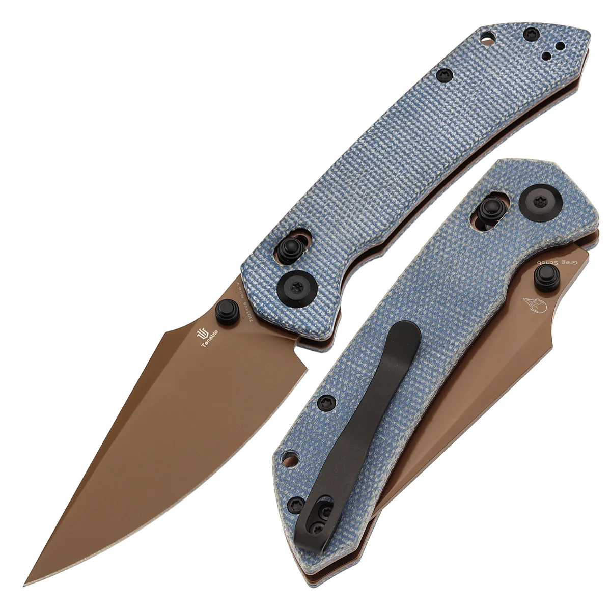 Tenable Fenrir Cross Bar Lock Folding Knife| Blue Micarta | 3.48" Rose Gold Coated Nitro-V Blade | Sparrow Knife Design | T1034V6