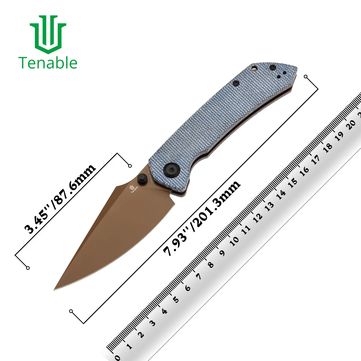 Tenable Fenrir Cross Bar Lock Folding Knife| Blue Micarta | 3.48" Rose Gold Coated Nitro-V Blade | Sparrow Knife Design | T1034V6 - Image 10