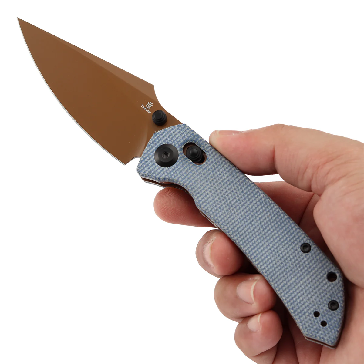 Tenable Fenrir Cross Bar Lock Folding Knife| Blue Micarta | 3.48" Rose Gold Coated Nitro-V Blade | Sparrow Knife Design | T1034V6 - Image 9