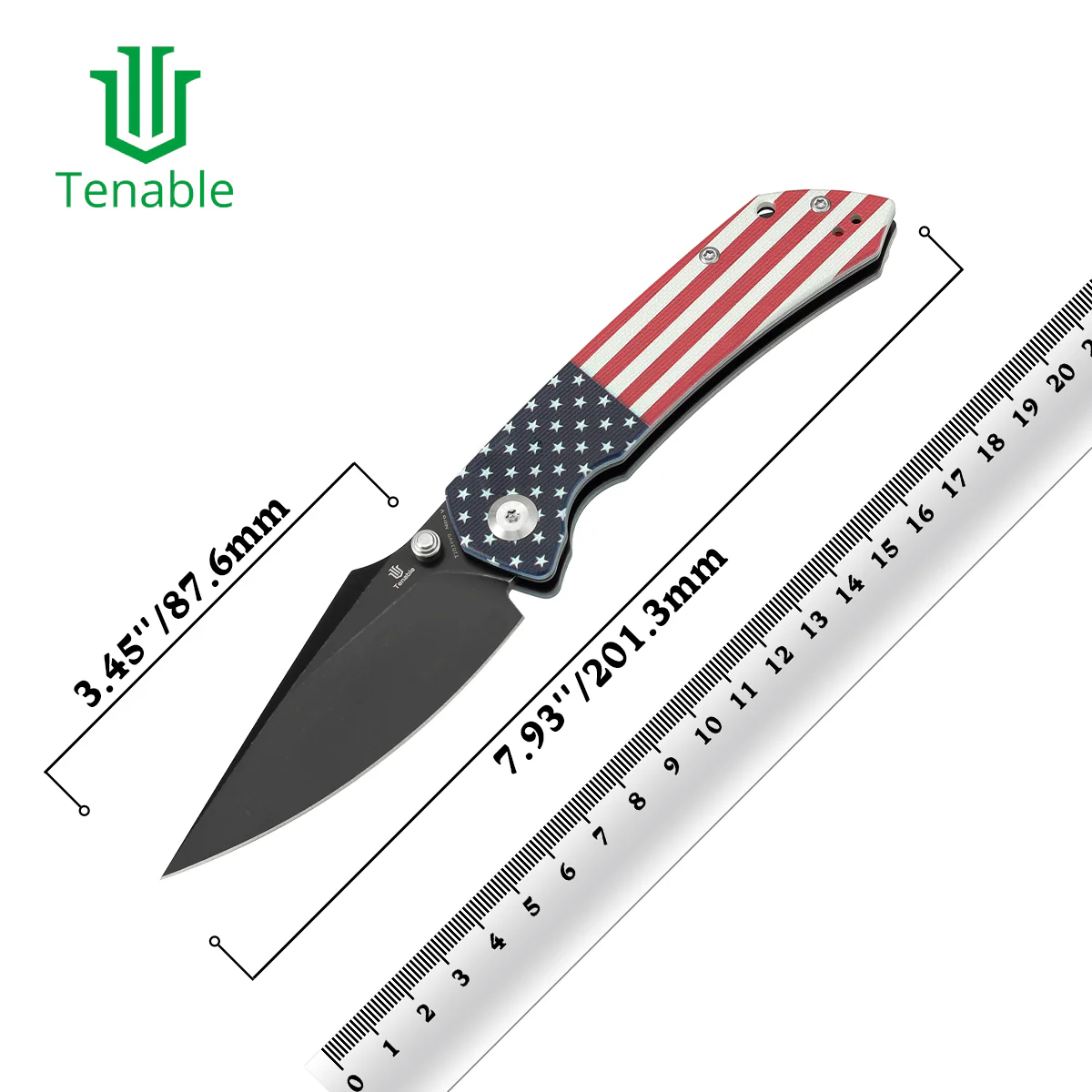 Tenable Fenrir Cross Bar Lock | Jade G10 with American Flag Handle | 3.48" Blackwashed Nitro-V Blade | Sparrow Knife Design | T1034V9 - Image 10