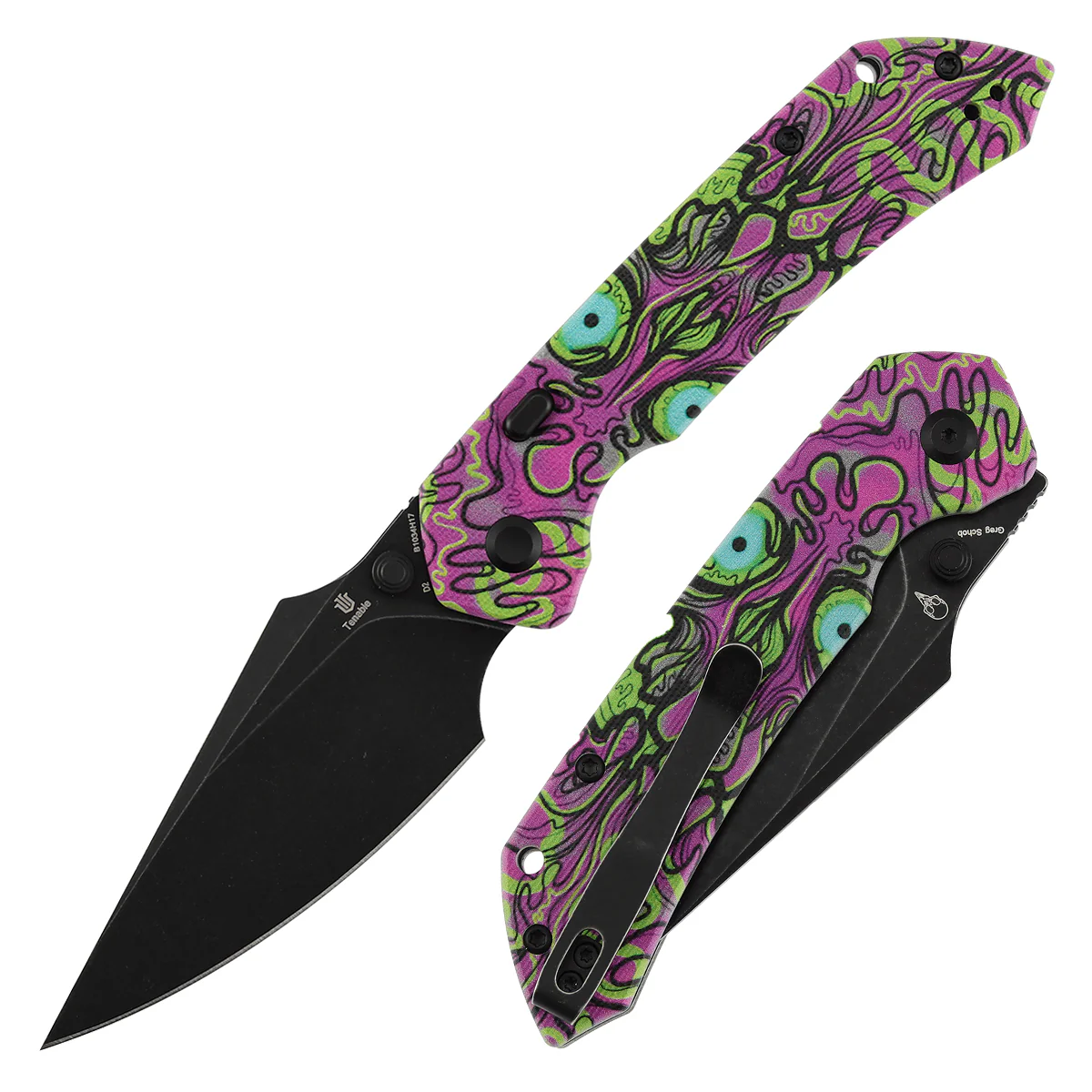 Tenable Fenrir Top Liner Lock Folding Knife| 3.4“ Blackwash D2 Blade | Jade G10 with Purple Undead Print Handle | Sparrow Knife Design | B1034H17